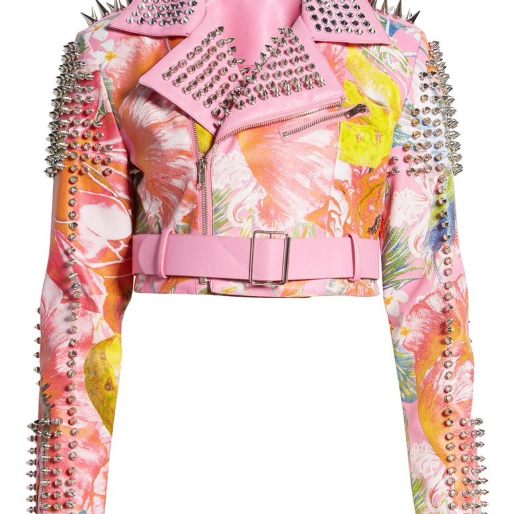 Azalea Wang Studded Floral Faux Leather Belted Crop Moto Jacket in Pink